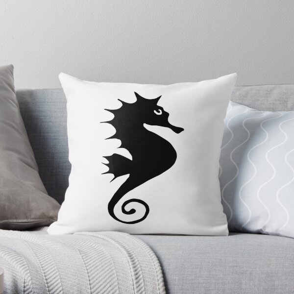Beach Theme Ocean Sea Fish Print Black N White Seahorse Throw Pillow