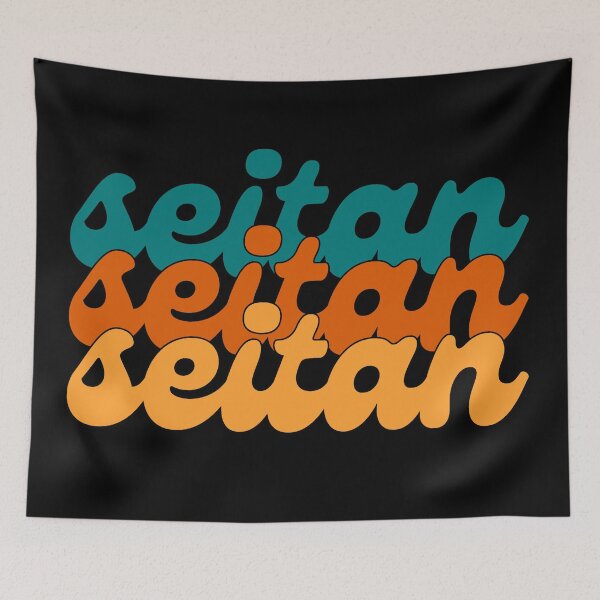 Item preview, SEITAN Cool Retro Blue Yellow Orange Text Vegan Vegetarian designed and sold by a-little-ink.