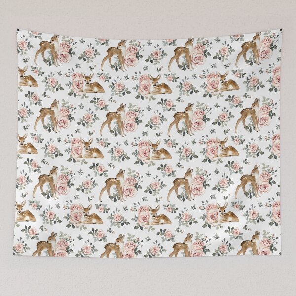 Aperçu de l'œuvre Petit Cerf Avec Roses Vintage / Blanc créée et vendue par MirabellePrint.