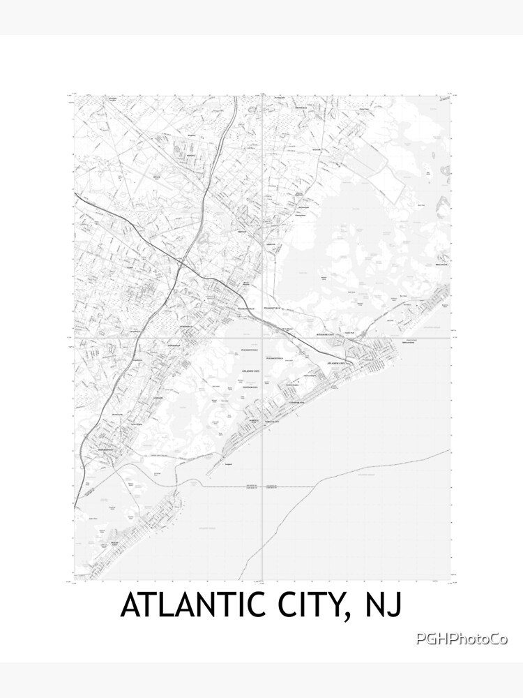 "Atlantic City, NJ Quad Topographical Map Black & White" Poster for
