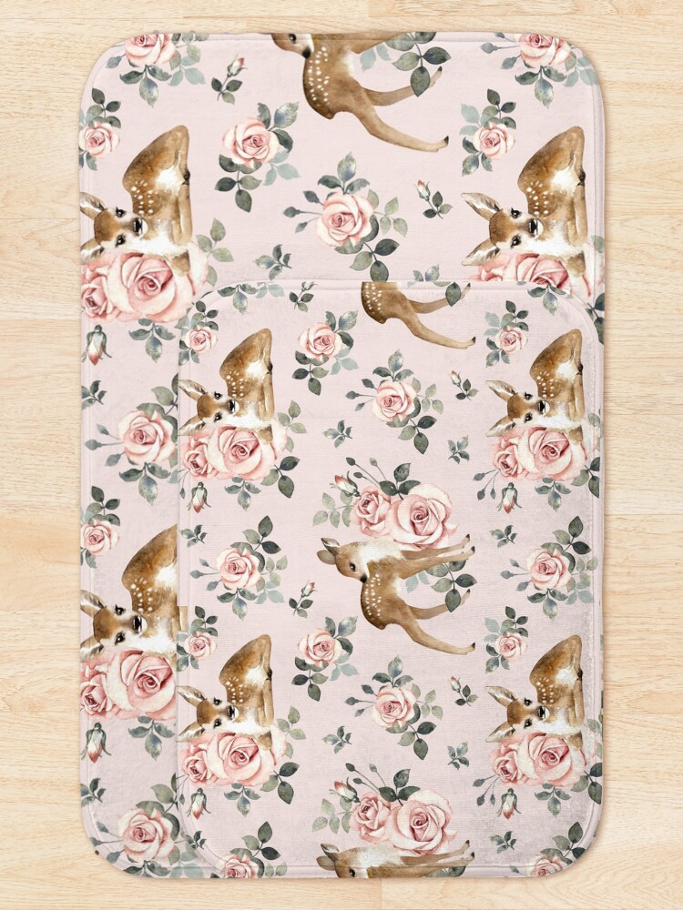 Thumbnail 5 of 6, Bath Mat, Little Deer With Vintage Roses / Blush designed and sold by MirabellePrint.
