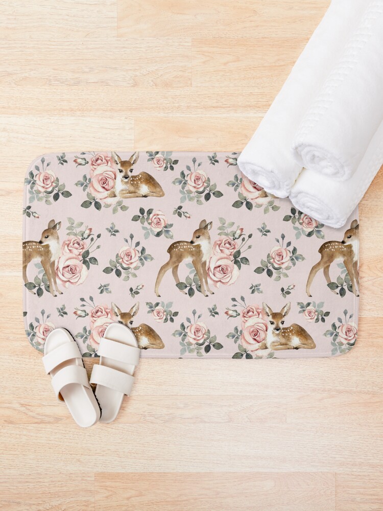 Thumbnail 2 of 6, Bath Mat, Little Deer With Vintage Roses / Blush designed and sold by MirabellePrint.