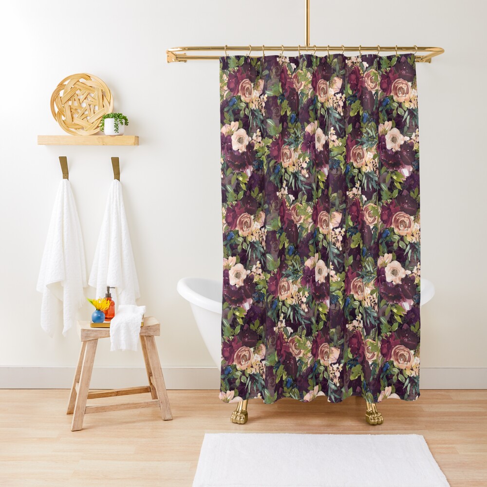 "Burgundy } Blush Watercolor Floral" Shower Curtain by HHeartsDesigns
