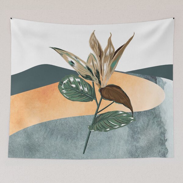 Item preview, Abstract watercolor landscape mountains and hills with vintage botanical plant digital design illustration  designed and sold by MyBlackDreams.