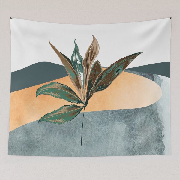 Item preview, Abstract watercolor landscape mountains and hills with vintage botanical plant digital design illustration  designed and sold by MyBlackDreams.
