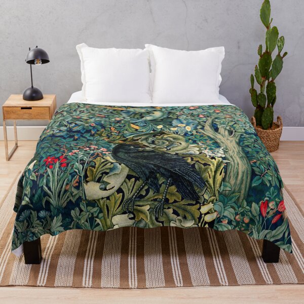 Item preview, GREENERY, FOREST ANIMALS ,RAVEN ON ACANTHUS LEAVES Blue Green Floral  designed and sold by BulganLumini.