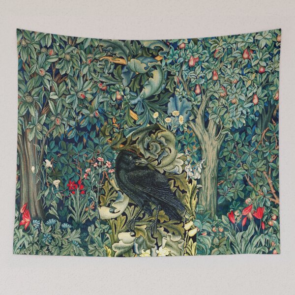 Item preview, GREENERY, FOREST ANIMALS ,RAVEN ON ACANTHUS LEAVES Blue Green Floral  designed and sold by BulganLumini.