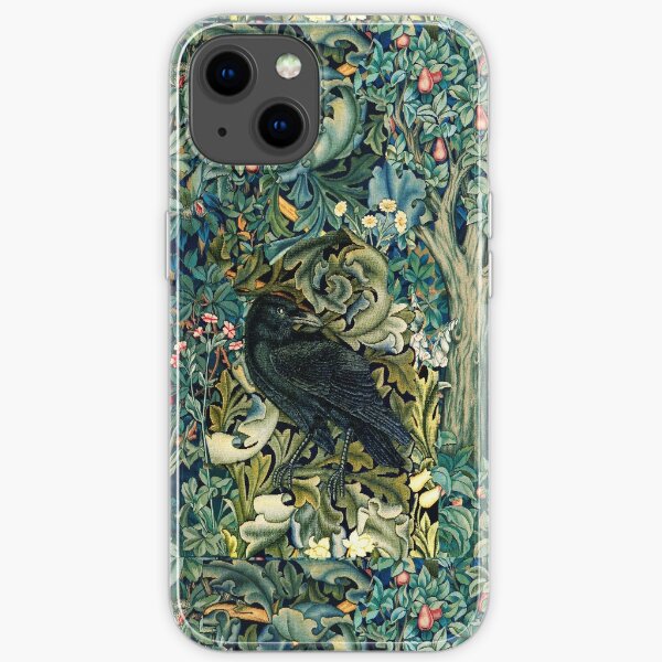 GREENERY, FOREST ANIMALS ,RAVEN ON ACANTHUS LEAVES Blue Green Floral  iPhone Soft Case