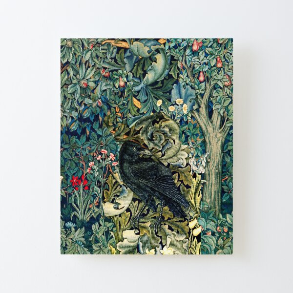 GREENERY, FOREST ANIMALS ,RAVEN ON ACANTHUS LEAVES Blue Green Floral Canvas Mounted Print
