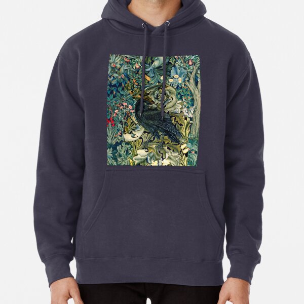 GREENERY, FOREST ANIMALS ,RAVEN ON ACANTHUS LEAVES Blue Green Floral  Pullover Hoodie