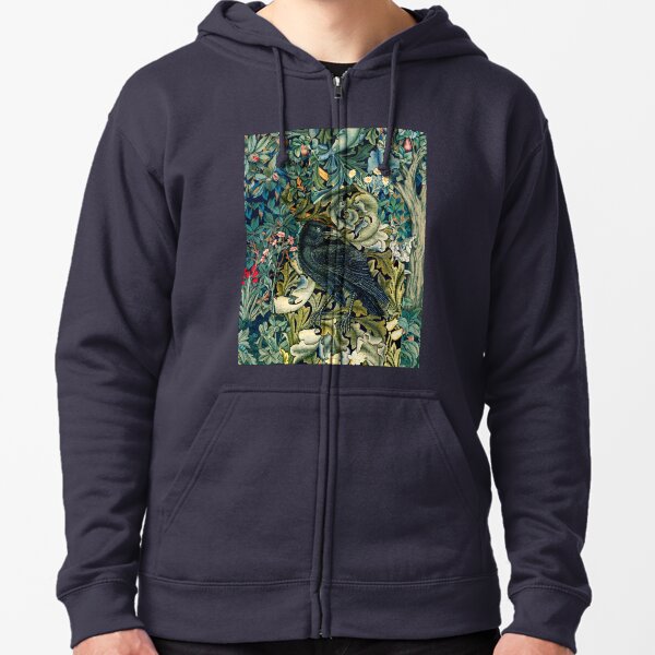 GREENERY, FOREST ANIMALS ,RAVEN ON ACANTHUS LEAVES Blue Green Floral Zipped Hoodie