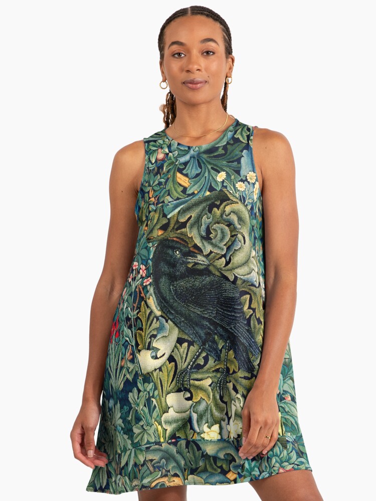GREENERY, FOREST ANIMALS ,RAVEN ON ACANTHUS LEAVES Blue Green Floral 