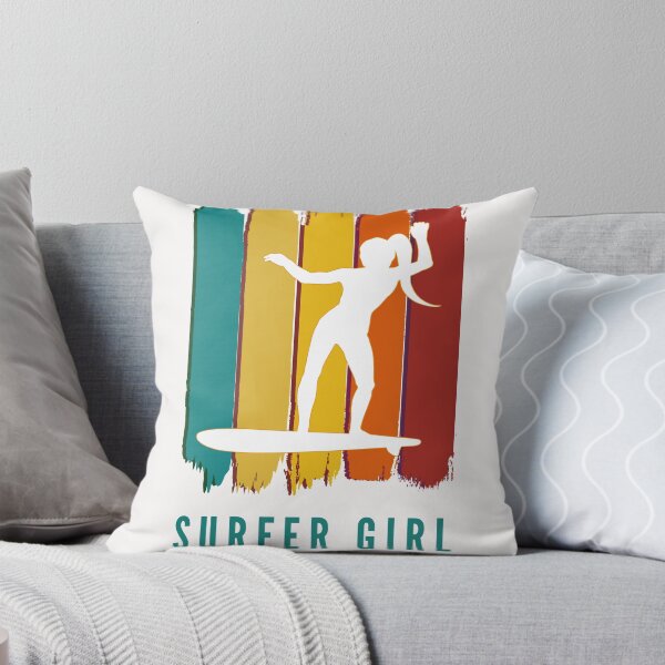 Item preview, Surfer girl. White silhouette. Retro grunge brushstrokes background. Teal blue text. designed and sold by JellyBeenzz.