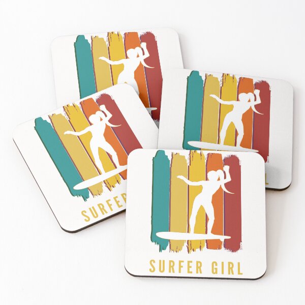 Item preview, Surfer girl. White silhouette. Retro grunge brushstrokes background. Yellow, mustard text. designed and sold by JellyBeenzz.