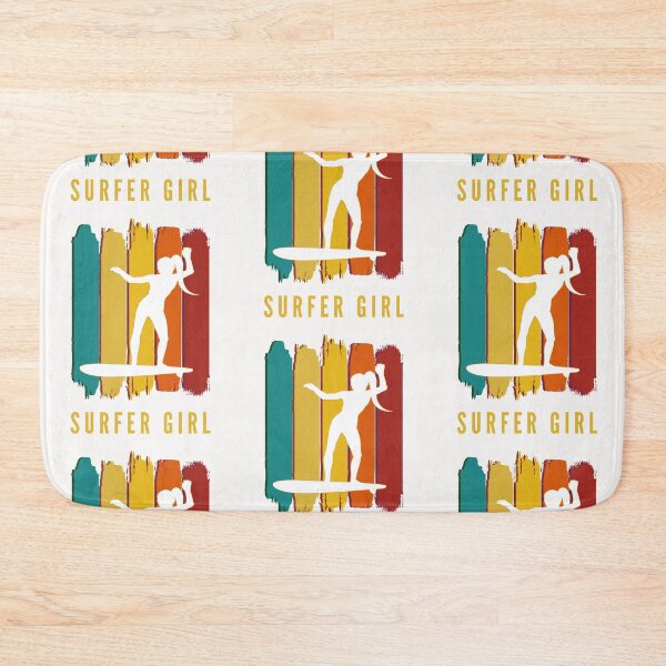 Item preview, Surfer girl. White silhouette. Retro grunge brushstrokes background. Yellow, mustard text. designed and sold by JellyBeenzz.