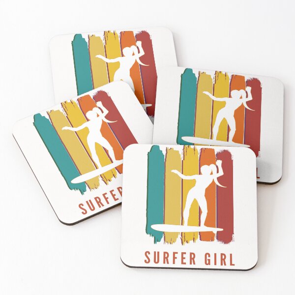Item preview, Surfer girl. White silhouette. Retro grunge brushstrokes background. Orange, rust text. designed and sold by JellyBeenzz.