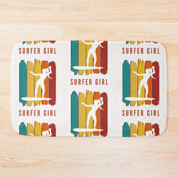 Item preview, Surfer girl. White silhouette. Retro grunge brushstrokes background. Orange, rust text. designed and sold by JellyBeenzz.