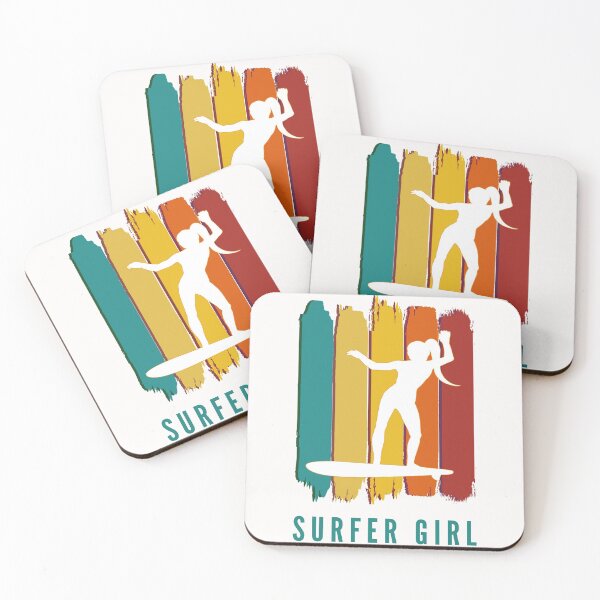 Item preview, Surfer girl. White silhouette. Retro grunge brushstrokes background. Teal blue text. designed and sold by JellyBeenzz.