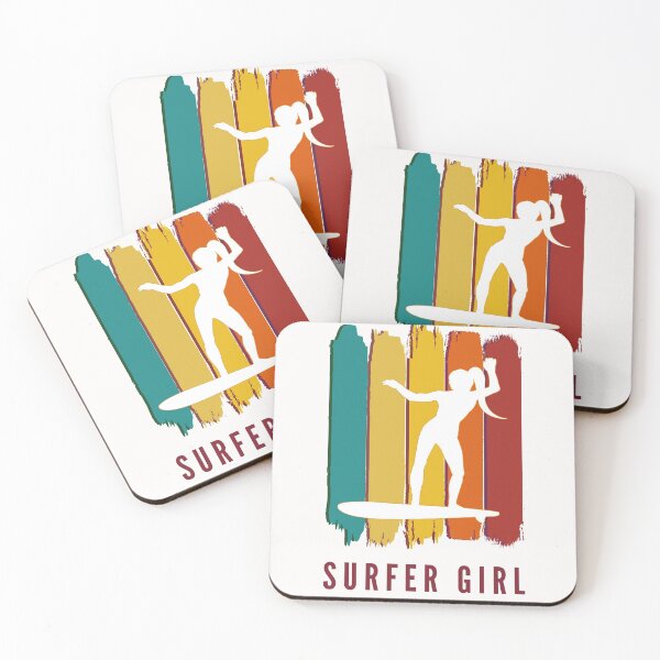 Item preview, Surfer girl. White silhouette. Retro grunge brushstrokes background. Maroon, burgundy text. designed and sold by JellyBeenzz.