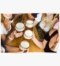 Bavarian girls in traditional Dirndl dresses are drinking beer and having fun at the Oktoberfest Poster