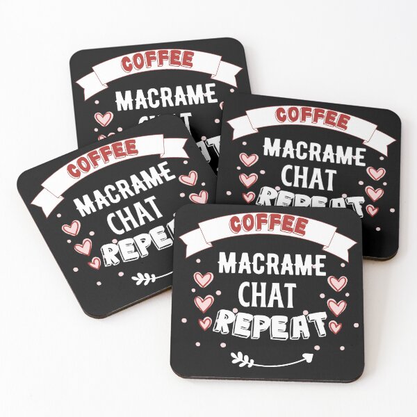 Item preview, Coffee macramé chat repeat with banner, hearts and red bold text.  designed and sold by milkasweet.
