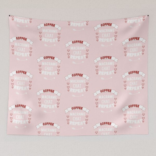 Item preview, Coffee macramé chat repeat with banner, hearts and red bold text.  designed and sold by milkasweet.