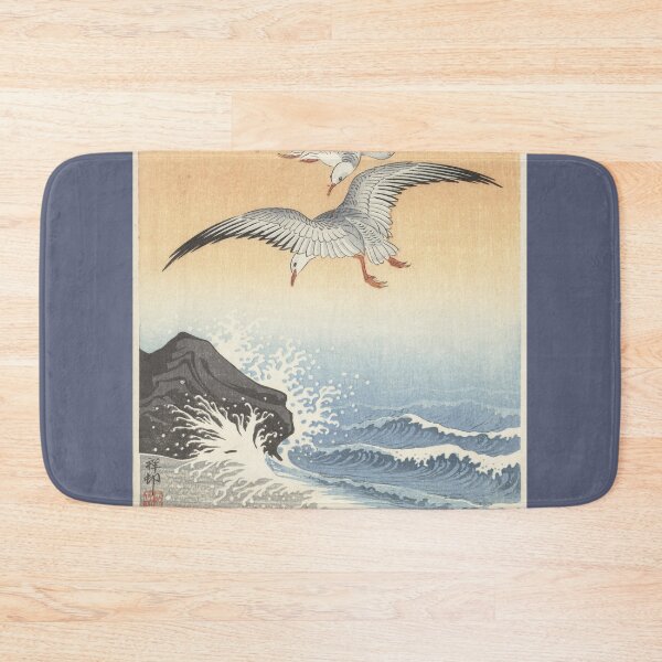 Item preview, 1900s Vintage Japanese Blockprint Five Seagulls Above Turbulent Sea (1900 - 1930) designed and sold by bellatierra.