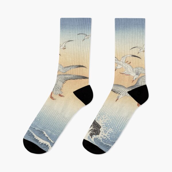 Item preview, 1900s Vintage Japanese Blockprint Five Seagulls Above Turbulent Sea (1900 - 1930) designed and sold by bellatierra.