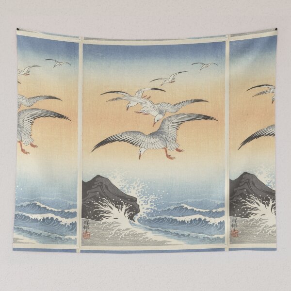 Item preview, 1900s Vintage Japanese Blockprint Five Seagulls Above Turbulent Sea (1900 - 1930) designed and sold by bellatierra.