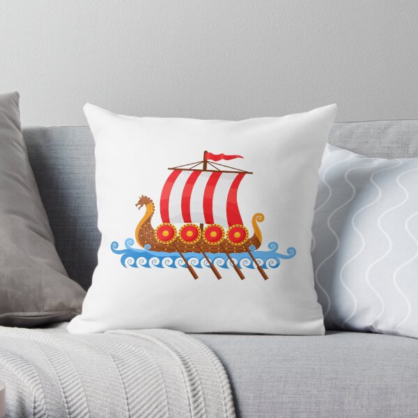Cartoon Viking Ship Vector Illustration Throw Pillow