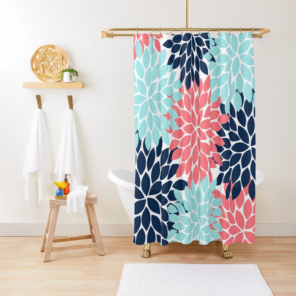 "Flower Burst, Coral Navy Aqua, Flower Petals, Floral Pattern" Shower