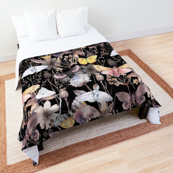 Beautiful Moths floral watercolor pattern on black Comforter