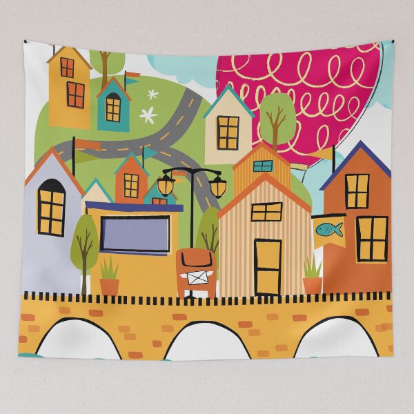Item preview, Colorful Village and town pattern with water and bridge designed and sold by chrstdnl.