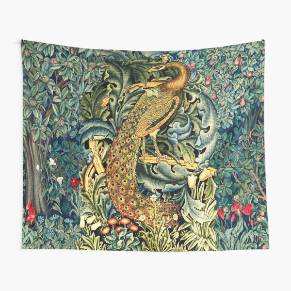 GREENERY, FOREST ANIMALS ,PEACOCK WITH ACANTHUS LEAVES Blue Green Floral Tapestry