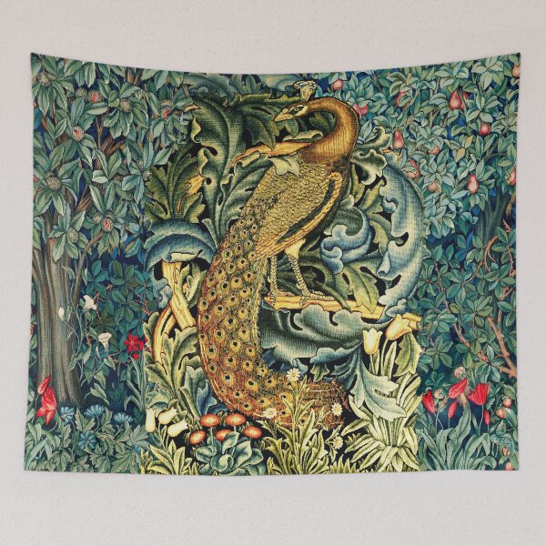 Item preview, GREENERY, FOREST ANIMALS ,PEACOCK WITH ACANTHUS LEAVES Blue Green Floral  designed and sold by BulganLumini.