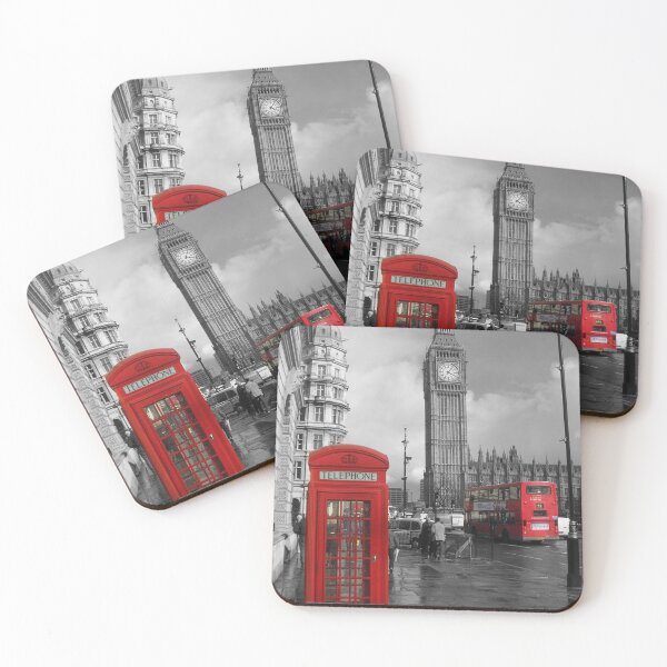 Item preview, London England city black and white photo of Big Ben with red phone booth and red double decker bus designed and sold by MindChirp.