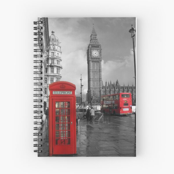 Item preview, London England city black and white photo of Big Ben with red phone booth and red double decker bus designed and sold by MindChirp.