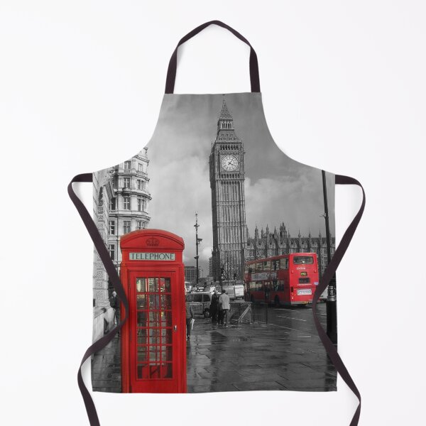 Item preview, London England city black and white photo of Big Ben with red phone booth and red double decker bus designed and sold by MindChirp.