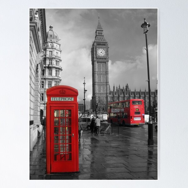 Item preview, London England city black and white photo of Big Ben with red phone booth and red double decker bus designed and sold by MindChirp.