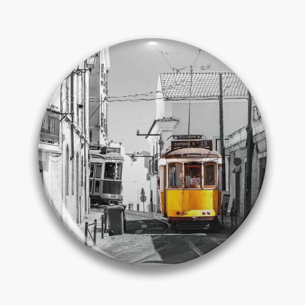 Item preview, Nostalgia Lisbon Tram 28 on City Street Old Europe black and white with yellow designed and sold by MindChirp.
