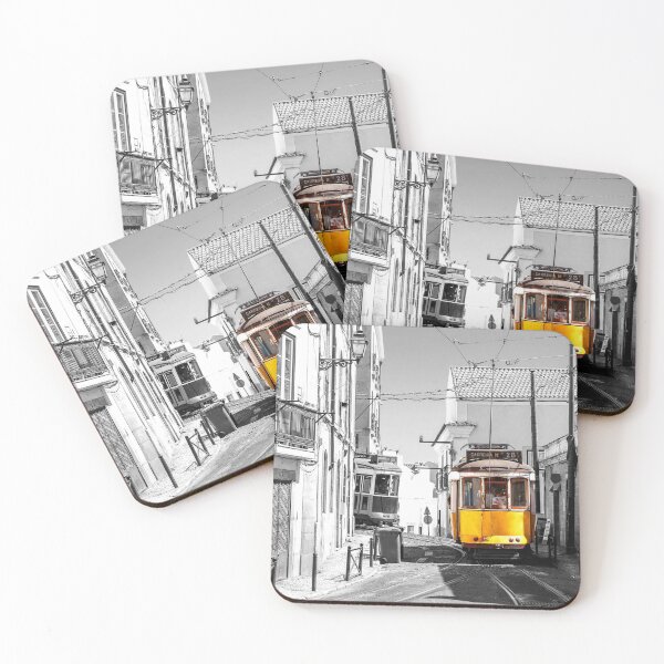 Item preview, Nostalgia Lisbon Tram 28 on City Street Old Europe black and white with yellow designed and sold by MindChirp.