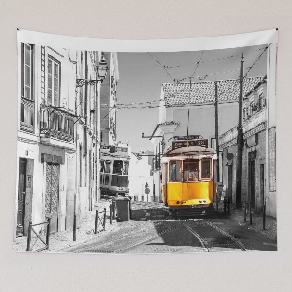 Item preview, Nostalgia Lisbon Tram 28 on City Street Old Europe black and white with yellow designed and sold by MindChirp.