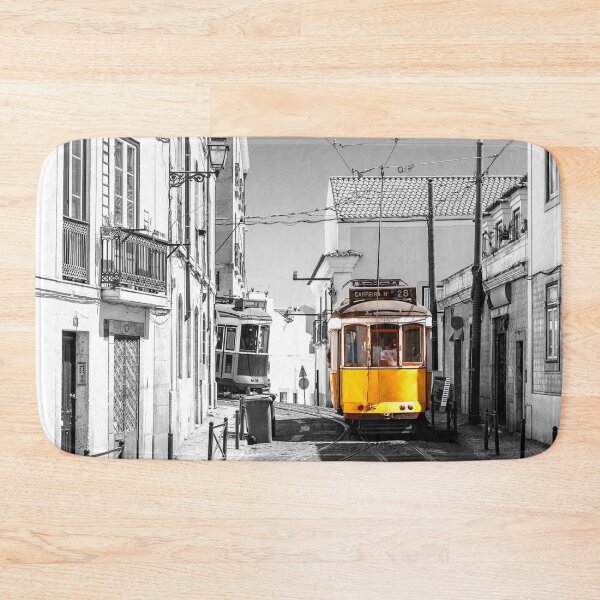 Item preview, Nostalgia Lisbon Tram 28 on City Street Old Europe black and white with yellow designed and sold by MindChirp.