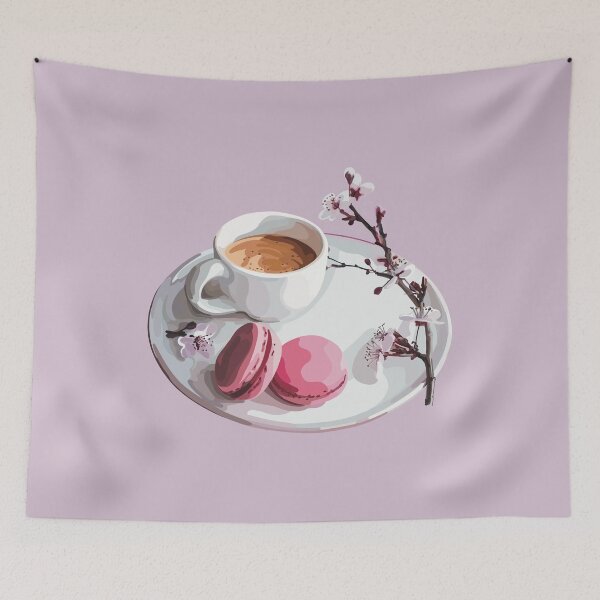 Item preview, Espresso coffee with two vibrant pink macaroons with a cherry blossom stem designed and sold by Tana-B.