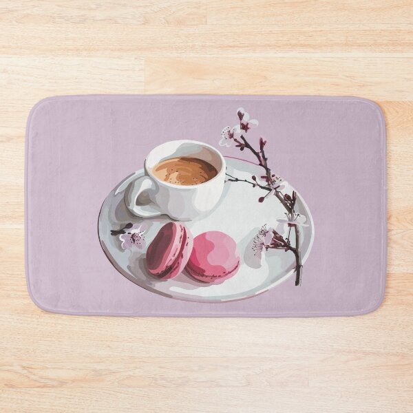 Item preview, Espresso coffee with two vibrant pink macaroons with a cherry blossom stem designed and sold by Tana-B.