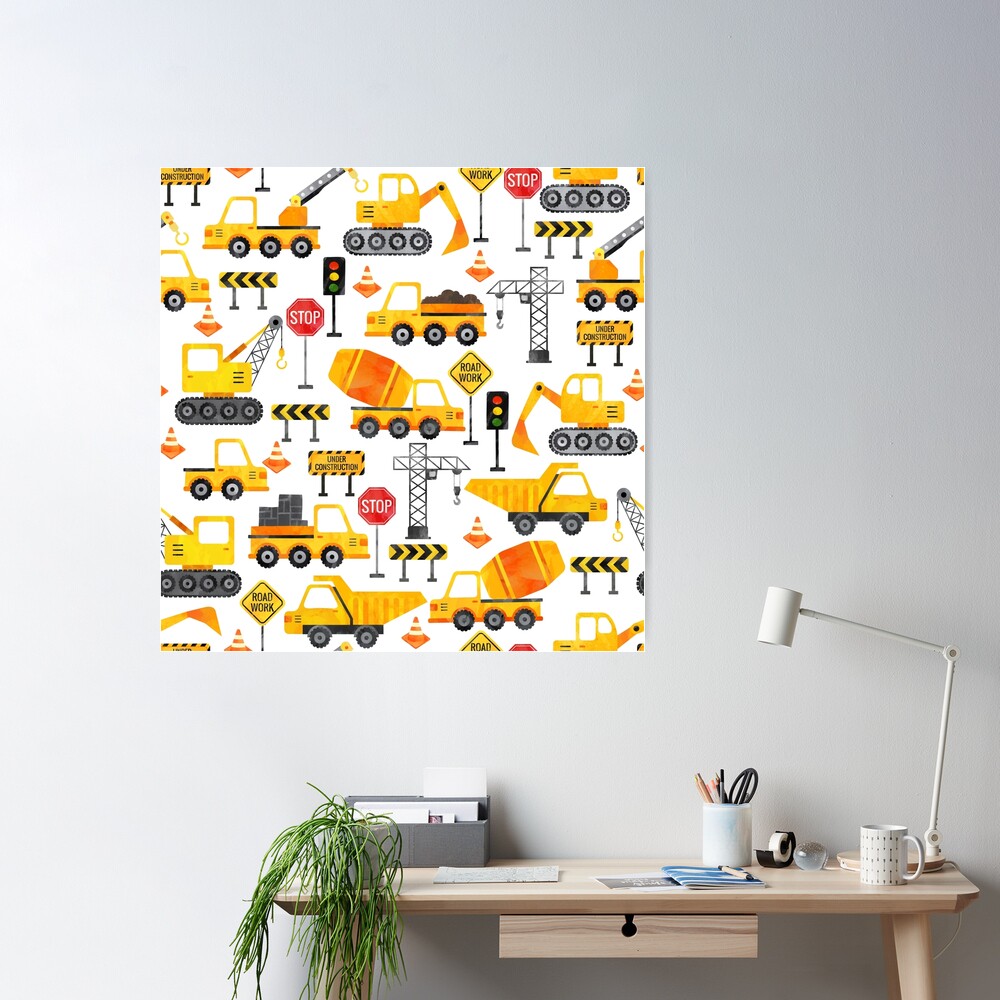 Road Work Watercolor Construction Vehicles  Poster for Sale by  SamAnnDesigns