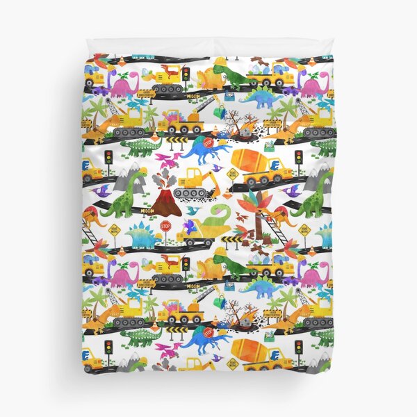 Watercolor Dinosaur Road Crew Construction Duvet Cover