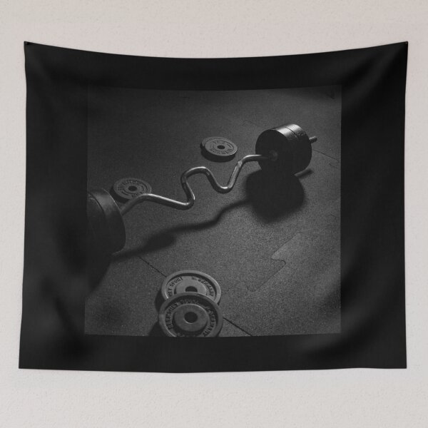 Item preview, black and white picture of weights in the gym designed and sold by AnthonyVdV.