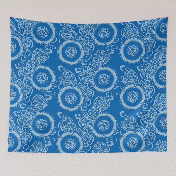 Artikelvorschau, Electric Blue Limonade & Aquamarine Japanisches Textilmuster - Blumen und Tsuzumi-Trommeln entworfen und verkauft von Vintage-TM.
