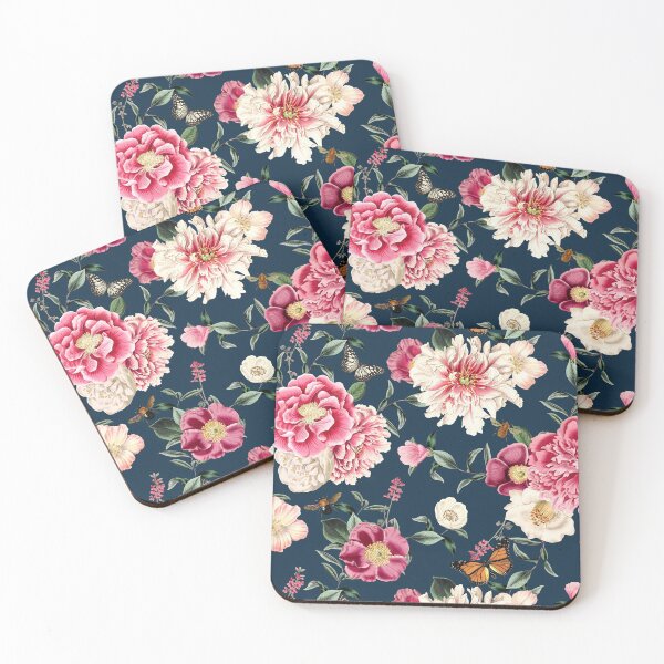 Item preview, Cottagecore English Rose Cottage Garden Flowers Floral Navy Pink Dark Decor designed and sold by BohoStudio.